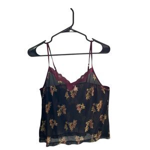 Carmen Vintage Sheer Mesh Floral Embroidered Lace Trim Camisole Top Black‎ Red